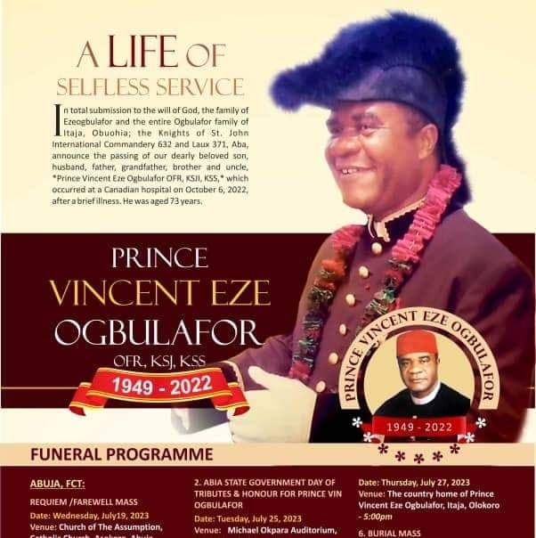 Remains of former PDP National Chairman, Prince Vincent EzeOgbulafor set for Burial