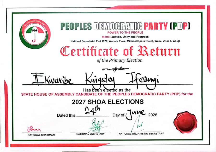 PDP Presents Certificate of Return to Ekwuribe Ahead of 2027 Abia Assembly Election